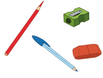 Imagem: Ilustração. Um lápis vermelho, uma caneta azul, uma borracha vermelha e um apontador verde.  Fim da imagem.
