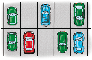 Imagem: Ilustração. Vista de cima de um estacionamento com quatro carros verdes, dois azuis, um vermelho e três vagas vazias.  Fim da imagem.