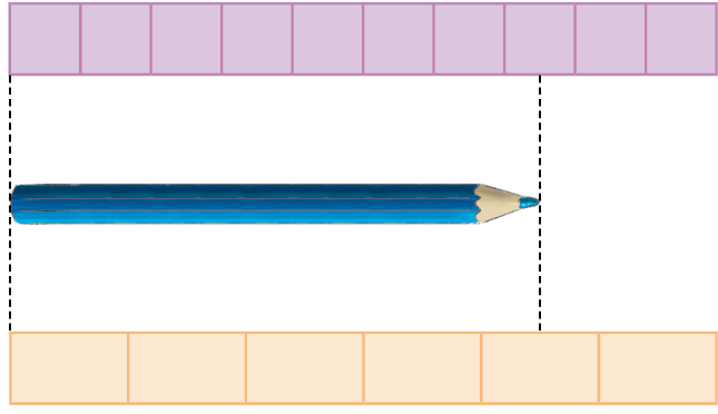 Imagem: Ilustração. Um lápis azul deitado. Na parte superior há uma fita roxa dividida em dez partes. A ponta esquerda do lápis está na lateral esquerda da fita e a ponta direita do lápis está no meio da oitava parte. Na parte inferior há uma fita laranja dividida em seis partes. A ponta esquerda do lápis está na lateral esquerda da fita e a ponta direita do lápis está no meio na quinta parte. Fim da imagem.