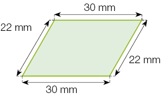 Imagem: Ilustração. Um quadrilátero com as medidas: 22 mm, 30 mm, 22 mm, 30 mm.  Fim da imagem.