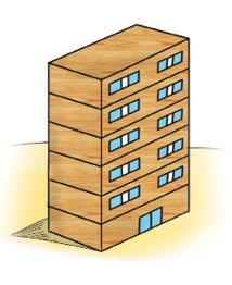 Imagem: Ilustração. Um prédio composto por seis peças retangular e marrons. Fim da imagem.