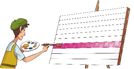 Imagem: Ilustração. Luís, homem com boina está segurando um pincel e uma paleta de tinta. Na frente dele há um quadro dividido em dez partes e uma está pintada de rosa. Fim da imagem.