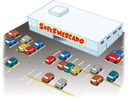 Imagem: Ilustração. Vista área de um supermercado. Ao lado há vários carros parados em um estacionamento. Fim da imagem.