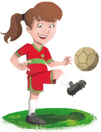 Imagem: Ilustração. Uma menina com cabelo preso e uniforme vermelho está sorrindo e chutando uma bola de futebol. Fim da imagem.