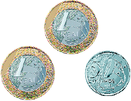 Imagem: Fotografia. Duas moedas de um real e uma moeda de cinquenta centavos.  Fim da imagem.