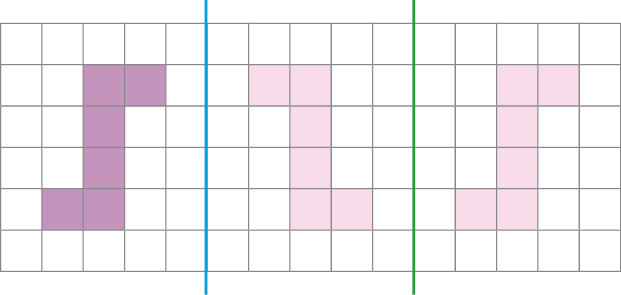 Imagem: Ilustração. Malha quadriculada com três retas verticais. À esquerda, figura composta por quatro quadrados empilhados. À direita do primeiro, outro quadrado e à esquerda do quarto, outro quadrado. Resposta: No centro, figura composta por quatro quadrados empilhados. À esquerda do primeiro, outro quadrado e à direita do quarto, outro quadrado. À direita, figura composta por quatro quadrados empilhados. À direita do primeiro, outro quadrado e à esquerda do quarto, outro quadrado. Fim da imagem.