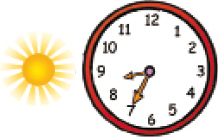 Imagem: Ilustração. Um sol e ao lado, relógio com o ponteiro pequeno entre os números 8 e 9 e o ponteiro grande sobre o número 7.  Fim da imagem.