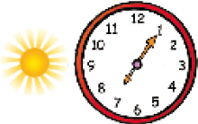 Imagem: Ilustração. Um sol e ao lado, relógio com o ponteiro pequeno no número 7 e o ponteiro grande sobre o número 1. Fim da imagem.