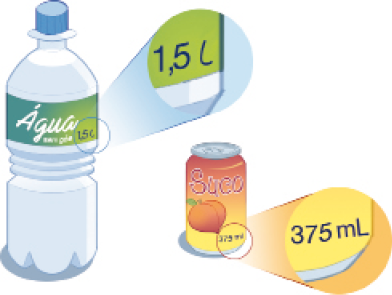 Imagem: Ilustração. Uma garrafa de água com 1,5 L e uma latinha de suco com 375 mL.   Fim da imagem.