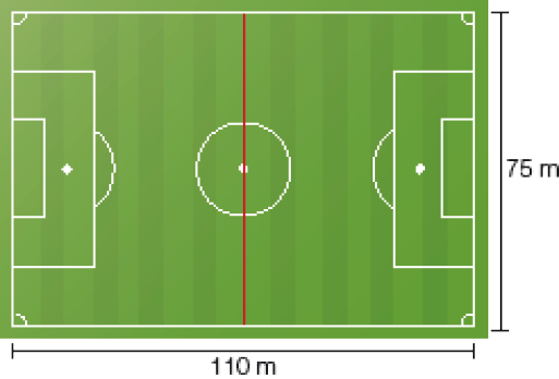 Imagem: Ilustração. Vista de cima de um campo de futebol com 110 m de largura e 75 m de comprimento. No meio do campo há uma reta vertical.  Fim da imagem.