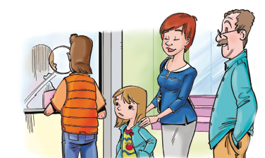 Imagem: Ilustração. Uma mulher e uma menina estão em uma fila de um guichê.  Fim da imagem.