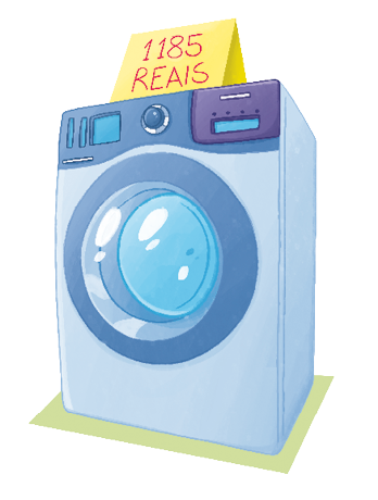 Imagem: Ilustração. Uma lavadora de roupas. Acima, placa com a informação: 1.185 reais.  Fim da imagem.