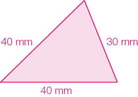 Ilustração. Um triângulo com as medidas: 40 mm, 40 mm, 30 mm. 