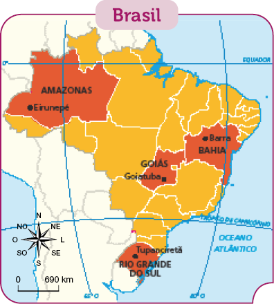 Imagem: Mapa. Brasil. Destaque para Eirunepé (Amazonas), Goiatuba (Goiás), Barra (Bahia) e Tupanciretã (Rio Grande do Sul). No canto inferior esquerdo, a rosa dos ventos e a escala. Fim da imagem.