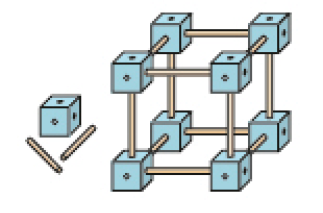 Imagem: Ilustração. À esquerda, um cubinho com furos e ao lado há dois palitos. À direita, oito cubinho ligados por doze palitos, formando um cubo grande.  Fim da imagem.