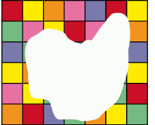 Imagem: Ilustração. Retângulo com sete colunas e seis fileiras de quadradinhos coloridos. No centro há uma mancha branca.   Fim da imagem.