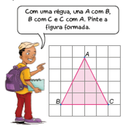 Imagem: Ilustração. Um jovem com boné diz: Com uma régua, una A com B, B com C e C com A. Pinte a figura formada. Ao lado, malha quadriculada. No centro há três pontos (A, B, C) formando um triângulo.  Fim da imagem.