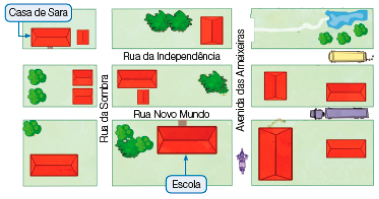 Imagem: Ilustração. Vista de cima de um bairro. De cima para baixo, da esquerda para a direita: Casa de Sara, Rua da Sombra, casa, Avenida das Ameixeiras, praça. Abaixo, Rua da Independência (horizontal) e à direita há um ônibus. Em seguida, casas, Rua da Sombra, casas, Avenida das Ameixeiras, casas. Abaixo, Rua Novo Mundo (horizontal) e à direita há um caminhão. Abaixo, casas, Rua da Sombra, escola, Avenida das Ameixeiras com uma moto e casas. Fim da imagem.