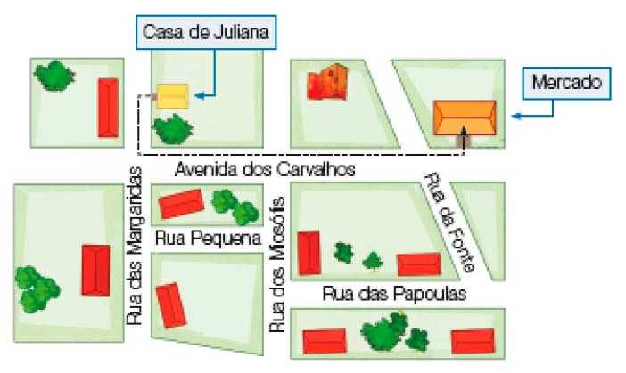 Imagem: Ilustração. Vista de cima de um bairro. À esquerda, uma casa, Rua das Margaridas, Casa de Juliana, Rua dos Miosótis, casa, Rua da Fonte (diagonal) e Mercado. Abaixo, Avenida dos Carvalhos (horizontal). Em seguida, casa, Rua das Margaridas, acima, casa, Rua Pequena e abaixo, casa. Ao lado, Rua dos Miosótis, acima, casas, Rua das Papoulas, abaixo, casas. À direita, Rua da Fonte (diagonal). Na frente da Casa de Juliana há uma reta pontilhada para frente, a reta segue para esquerda e vira para esquerda na Avenida dos Carvalhos até chegar no Mercado e virar para esquerda.   Fim da imagem.