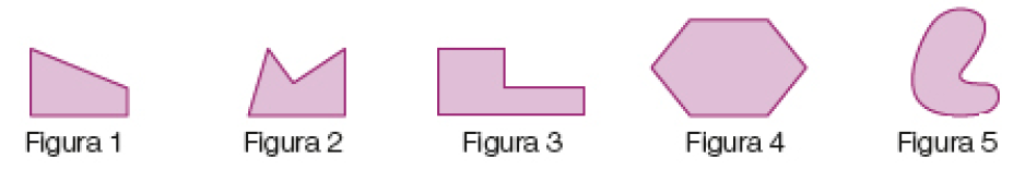 Imagem: Ilustração.  Figura 1: polígono com quatro arestas.  Figura 2: polígono com cinco arestas.  Figura 3: polígono com seis arestas.  Figura 4: polígono com seis arestas. Figura 5: figura circular com curvas.   Fim da imagem.