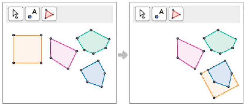 Imagem: Ilustração. Software com botões na parte superior. Na parte inferior, dois quadriláteros, um hexágono e um pentágono. Ao lado, software com botões na parte superior. Na parte inferior, dois quadriláteros, um hexágono e um pentágono. O pentágono está dentro de um dos quadriláteros.  Fim da imagem.