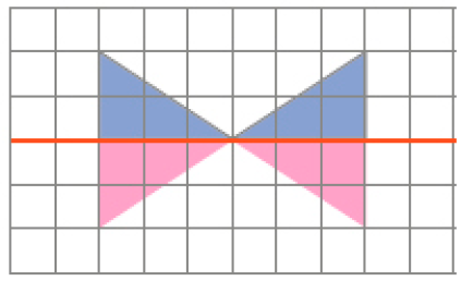 Imagem: IIlustração. Malha quadriculada. No centro há uma reta horizontal sobre metade superior de dois triângulos deitados. Resposta: Na parte inferior, metade inferior dos dois triângulos.  Fim da imagem.