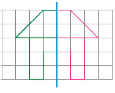 Imagem: Ilustração. Malha quadriculada. No centro há uma reta vertical sobre metade esquerda de uma casa. Resposta: Há direita, metade direita da casa.  Fim da imagem.