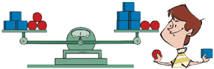 Imagem: Ilustração. Um homem está segurando uma esfera vermelha e um cubo azul. Na frente dele há uma balança de pratos em equilíbrio. No prato à esquerda há três cubos e três esferas. No prato à direita há cinco cubos e duas esferas. Fim da imagem.
