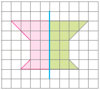 Imagem: Ilustração. Malha quadriculada. No centro há uma reta vertical sobre metade direita de uma figura com seis lados. Resposta: Há esquerda, metade esquerda da figura desenhada.  Fim da imagem.