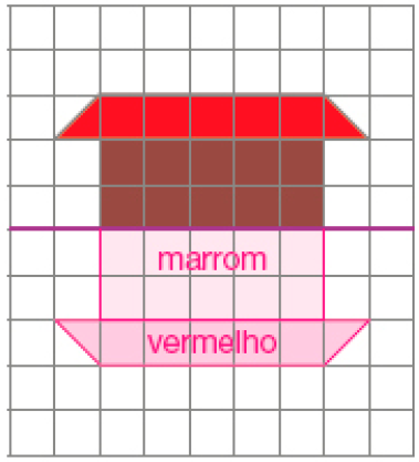 Imagem: Ilustração. Malha quadriculada. No centro há uma reta horizontal sobre uma casa com parede marrom e telhado vermelho. Resposta: Na parte inferior, a casa de ponta cabeça com parede marrom e telhado vermelho.  Fim da imagem.