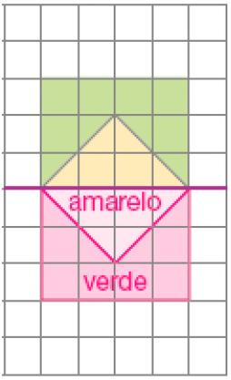 Imagem: Ilustração. Malha quadriculada. No centro há um quadrado verde e sobre ele um retângulo amarelo. Resposta: Na parte inferior, outra metade do quadrado verde e sobre ele um retângulo amarelo. Fim da imagem.