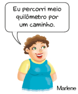 Imagem: Ilustração. À esquerda, Marilene, mulher com cabelo encaracolado fala: Eu percorri meio quilômetro por um caminho.   Fim da imagem.