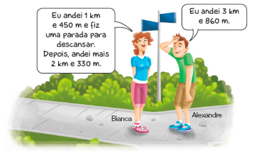 Imagem: Ilustração. À esquerda, Bianca, mulher com cabelo ondulado, olha para cima e fala: Eu andei 1 km e 450 m e fiz uma parada para descansar. Depois, andei mais 2 km e 330 m. À direita, Alexandre, homem com cabelo castanho está com a mão sobre a testa. Ele diz: Eu andei 3 km e 860 m. Atrás deles há uma placa e plantas. Fim da imagem.