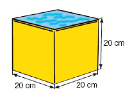 Imagem: Ilustração. Uma embalagem cúbica amarela com 20 cm de altura, comprimento e profundidade.  Fim da imagem.