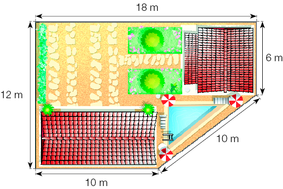 Imagem: Ilustração. vista de cima de um terreno com cinco lados e em cada um há uma medida: 12 m, 10 m, 10 m, 6 m, 18 m.   Fim da imagem.
