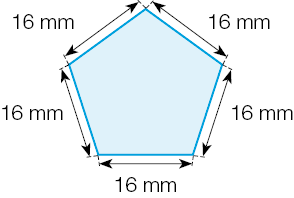 Imagem: Ilustração. Um pentágono com as medidas: 16 mm, 16 mm, 16 mm, 16 mm, 16 mm.  Fim da imagem.