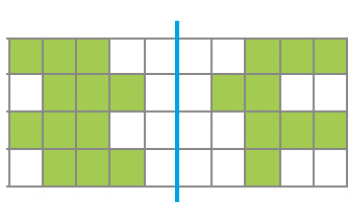 Imagem: Ilustração. 1. Malha quadriculada. No centro há uma reta vertical. Nas laterais há dois desenhos diferentes, compostos por quadrados verdes.    Fim da imagem.