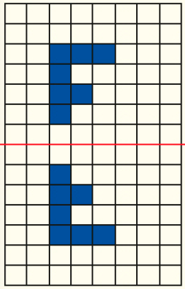 Imagem: Ilustração. Malha quadriculada. No centro há uma reta horizontal. Acima, quadrados azuis formando a letra F. Abaixo, quadrados azuis formando a letra F invertida.  Fim da imagem.