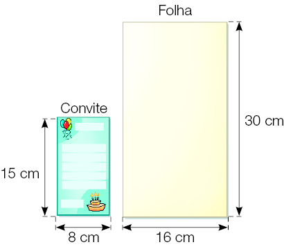 Imagem: Ilustração. À esquerda, um convite com 15 cm de comprimento e 8 cm de largura. À direita, folha com 30 cm de comprimento e 16 cm de largura. Fim da imagem.