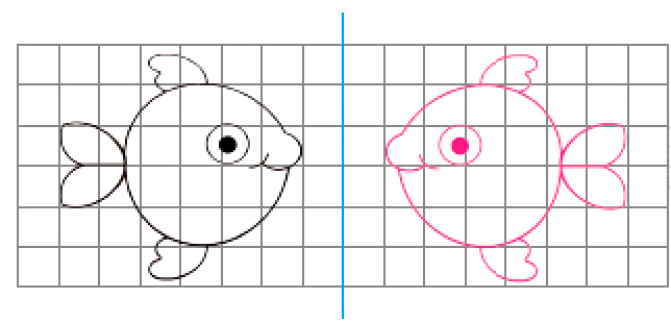 Imagem: Ilustração. Malha quadriculada com uma reta vertical no meio. À esquerda, desenho de um peixe. À direita, desenho do peixe espelhado. Fim da imagem.