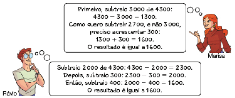 Imagem: Ilustração. Marisa, mulher ruiva sorri e pensa: Primeiro, subtraio 3.000 de 4.300:  4.300 – 3.000 = 1.300.  Como quero subtrair 2.700, e não 3.000, preciso acrescentar 300:  1.300 + 300 = 1.600.  O resultado é igual a 1.600. Abaixo, Flávio, homem com cabelo castanho e óculos está com a mão esquerda sob o queixo. Ele pensa: Subtraio 2.000 de 4.300: 4.300 – 2.000 = 2.300.  Depois, subtraio 300: 2.300 - 300 = 2.000.  Então, subtraio 400: 2.000 - 400 = 1.600.  O resultado é igual a 1.600.  Fim da imagem.