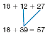 Imagem: Esquema. 18 + 12 + 27 12 + 27 = 39. 18 + 39 = 57. Fim da imagem.