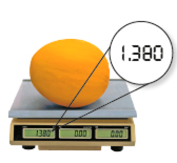 Imagem: Fotografia. Um melão sobre uma balança. No visor, o peso: 1.380.   Fim da imagem.