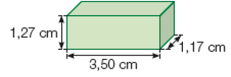 Imagem: Ilustração. Um paralelepípedo verde com 1,27 cm de altura, 3,50 cm de largura e 1,17 cm de profundidade.  Fim da imagem.