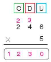 Imagem: Conta de multiplicação na vertical. Acima, as siglas: C, D, U. Abaixo, o número 246 (Resposta: Acima do número 2 há o número 2 pequeno e acima do número 4 há o número 3 pequeno). Em seguida, sinal de multiplicação e o número 5. Abaixo, traço horizontal e o resultado: 1.230.  Fim da imagem.