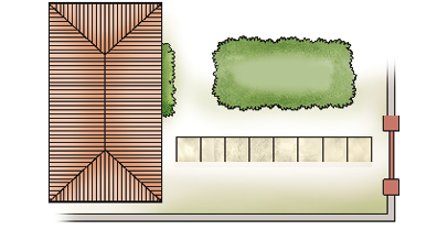 Imagem: Ilustração. Vista de cima de uma casa à esquerda. Na frente há oito pedras quadradas enfileiradas até o portão à direita. Ao lado, árvores.  Fim da imagem.