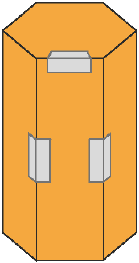 Imagem: Ilustração. Um prisma laranja com base hexagonal com as laterais coladas por fita adesiva.  Fim da imagem.