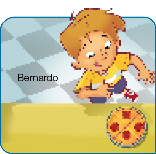 Imagem: Ilustração. À esquerda, Antes, vista de cima de Bernardo, menino loiro, que está sorrindo com a língua para fora. Na frente dele há uma torta com quatro fatias.  Fim da imagem.