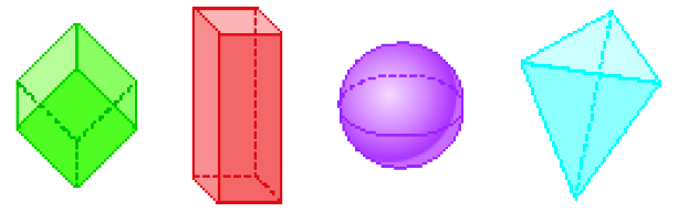 Imagem: Ilustração. Cubo, paralelepípedo, esfera e pirâmide com base triangular.  Fim da imagem.