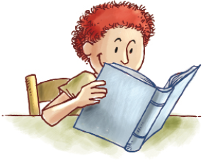 Imagem: Ilustração. Tomás, jovem ruivo está sentado e lendo um livro. Fim da imagem.